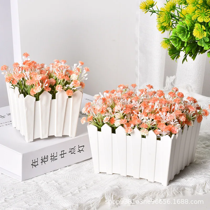 Plastic Flower Pot with Mini Fence & Basket, Farmhouse Style Planter for Succulents, Rustic Home Decor for Desk Shelf