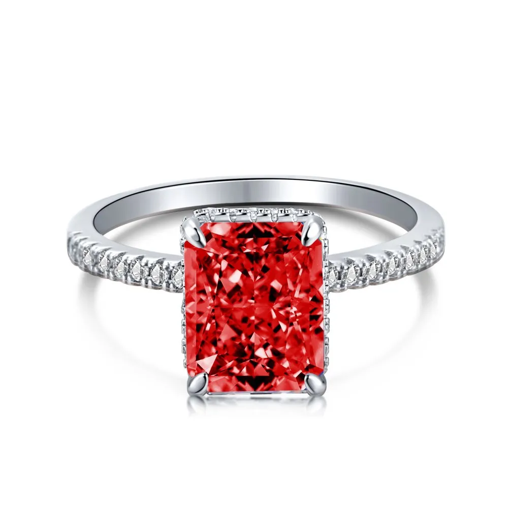 

S925 Silver French Super Flashing Square Diamond 8A Ice Flower Cut Zircon Simulated Diamond Ring for Female Ins Small Set