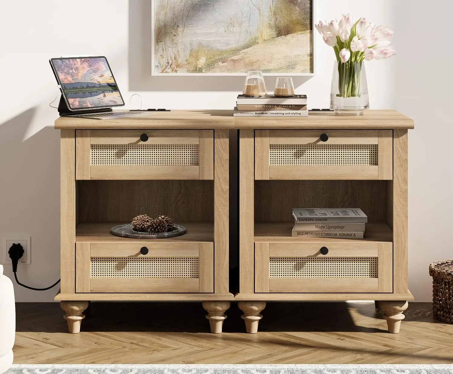 Side Table Nightstand with Charging Station & 2 Rattan Drawers, Light Oak Bedside End Table for Living Room Bedroom, Customized