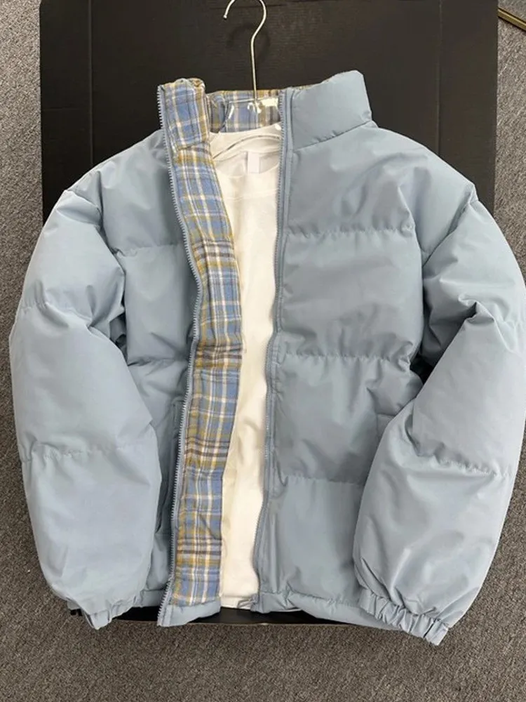 Black Puffer Jacket Men's Winter Thickened Bread Style Stand Collar Outerwear Unisex Plaid Splicing Cleanfit Casual Style