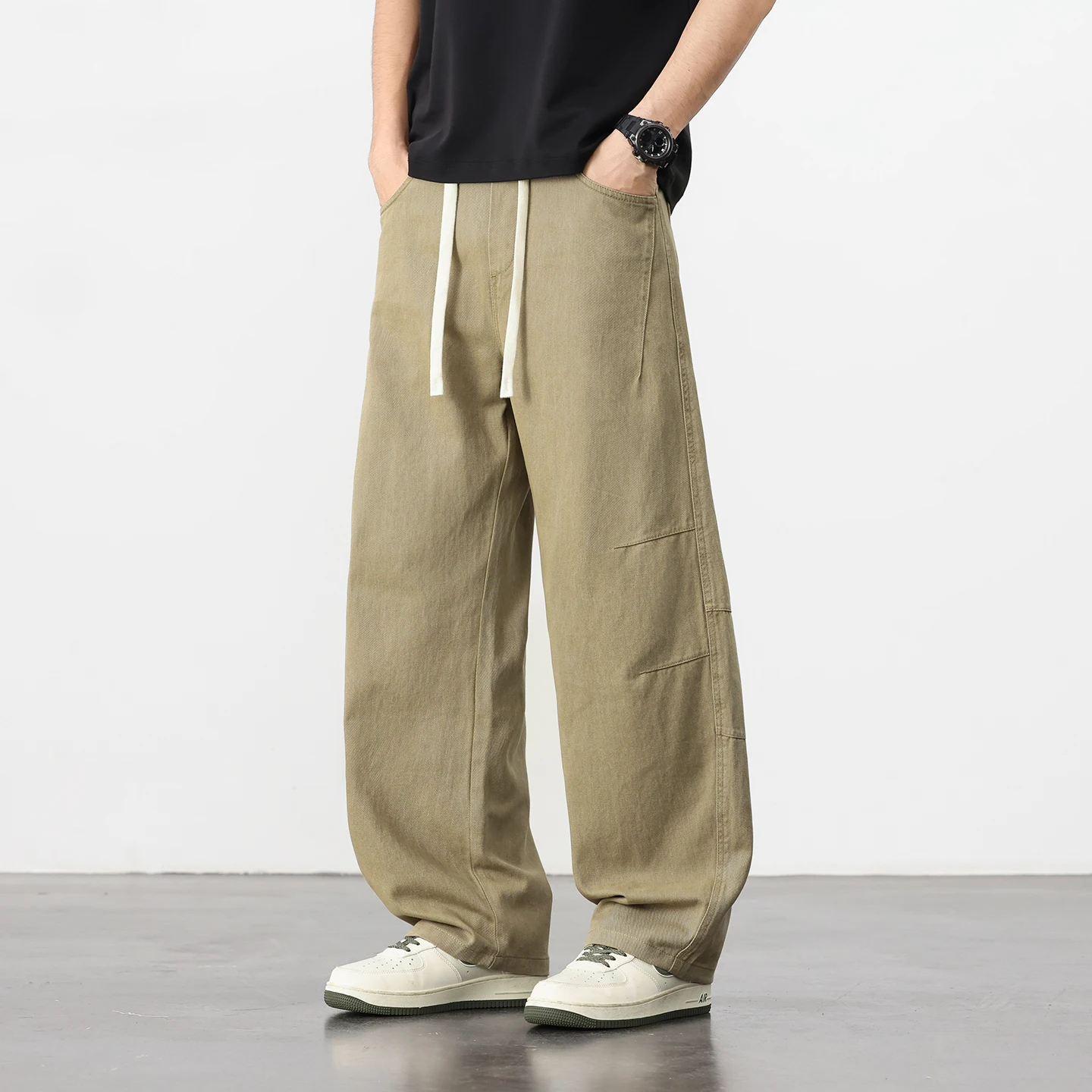 

Мужские брюки из чистого хлопка с изогнутым кроем, в стиле ретро, повседневные, черные/хаки, коллекция Весна-Лето 2026