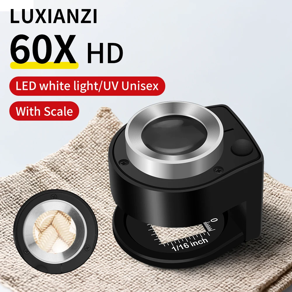 LUXIANZI 60x double layer Optical Magnifying Glass Money Stamps Jewelry Inspection Reading Loupe Type-C Portable Metal Magnifier