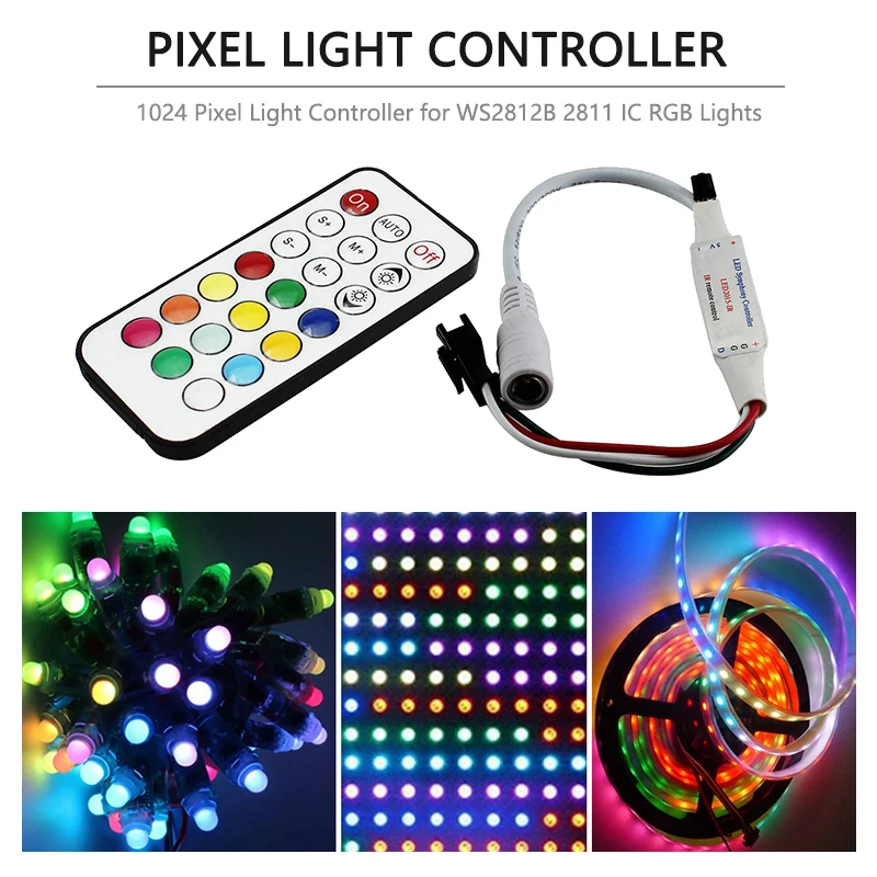 Mini LED Controller 1024 Pixel Dot Dimmer 5-24V with 21-Key IR Remote Control for WS2811 Addressable RGB Magic Color Strip Light