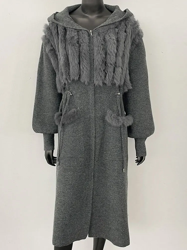 

2025 New Spring Autumn Women Real Fox Fur Kintted Coat Solid Sweater Lady Long Cardigan Fashion Hooded Kintwear Female