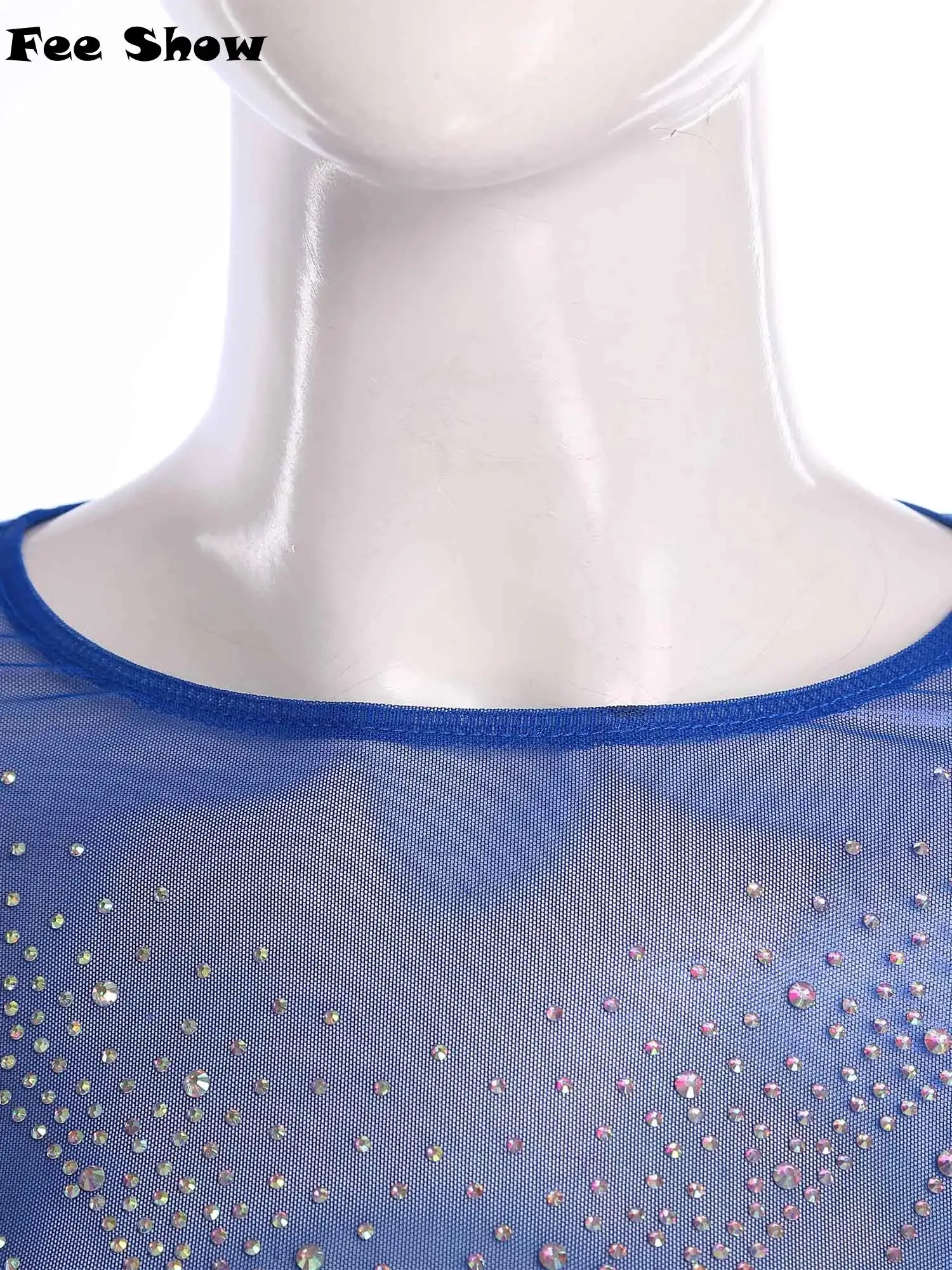 

Womens Sparkly Rhinestone Sheer Mesh Crop Top Crew Neck Long Sleeve Bottom Tassel Cover Up Shirt Blouse for Club Party
