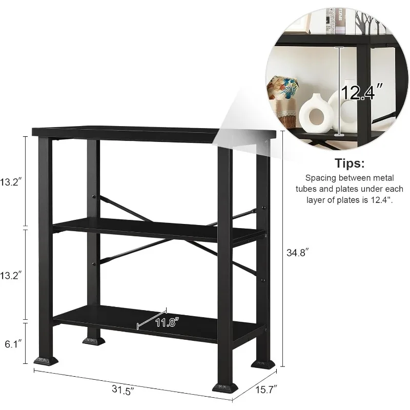 3-Tier Bookshelf, Black Short Bookshelf with Metal Frame and Open Shelves, Small Office Bookshelf for Small Spaces,Low Bookcase