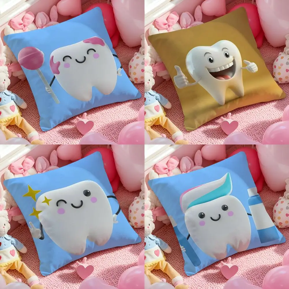 Dental Clinic Cute Tooth Anime Cushion Cover Anti-dustmite Pillowcase Invisible zipper silky short plush Sofa cushion cover
