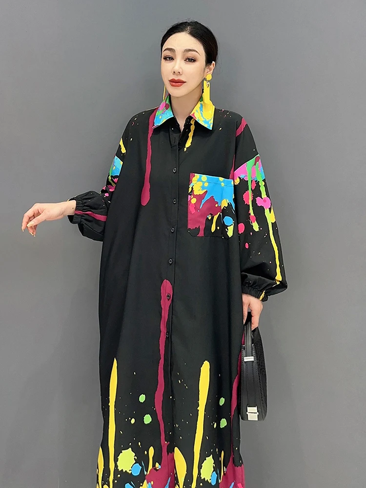 SHENGPALAE Graffiti Printed Dress For Women Fashion Lapel Pocket Patchwork Full Sleeve Loose Vestido Robe Autumn 2024 New 5R5552