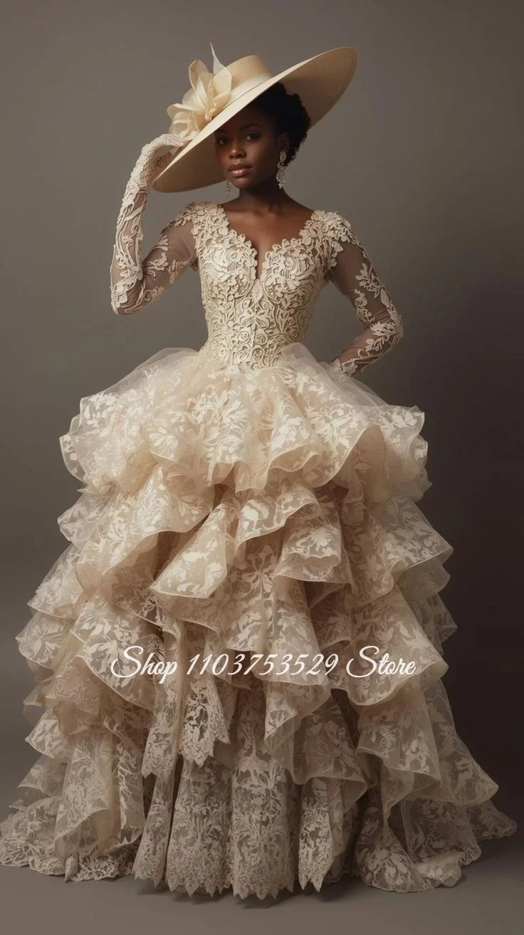 Light Champagne Vintage Lace Wedding Dress Customized Long-Sleeve Ruffled Bridal Gown, V-Neck Sheer Prom Dress Bridesmaid Dress