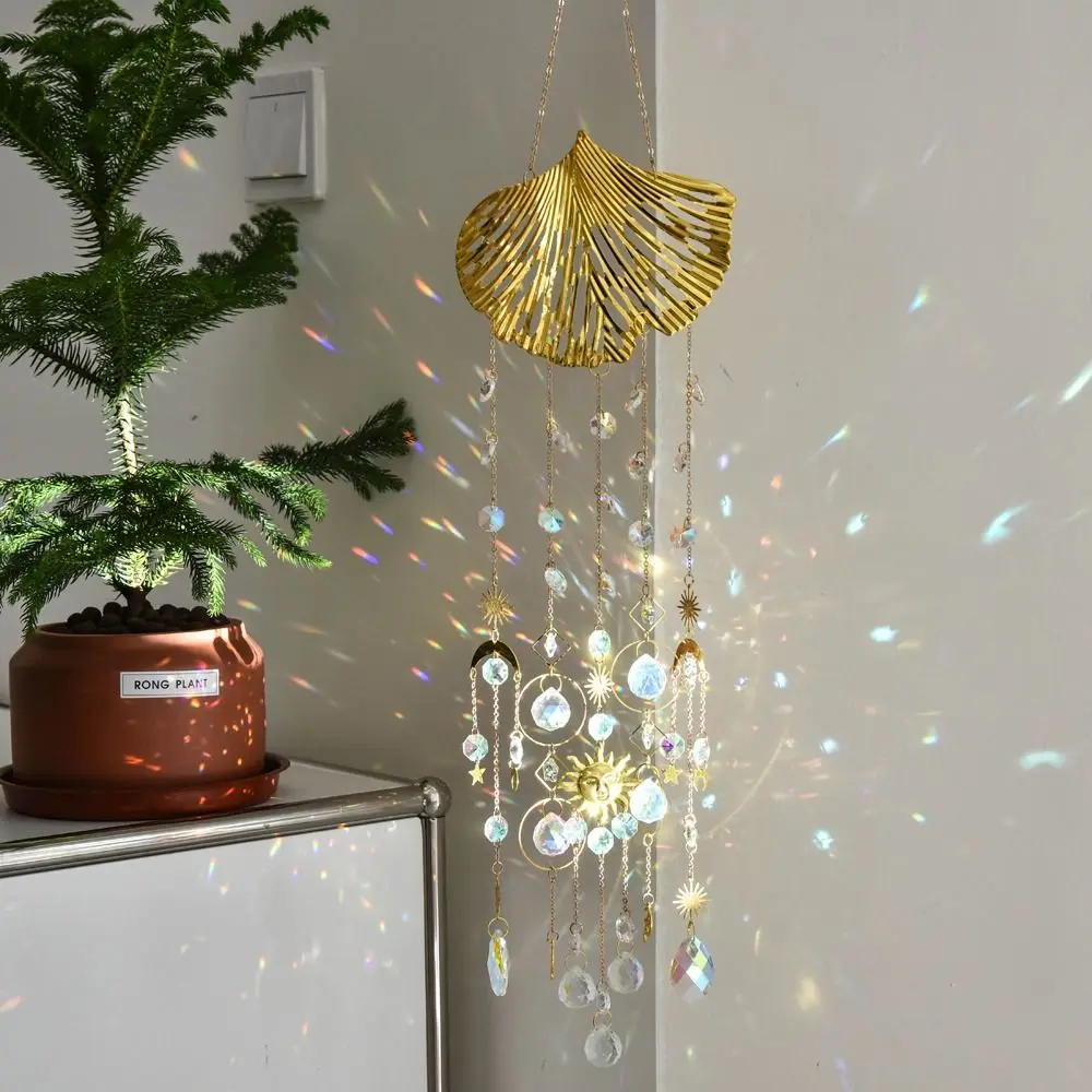 Ginkgo Leaf Shape Crystal Wind Chime Golden Color Hanging Pendant Colorful Sun Catcher Crafts Gift Home Garden Decoration