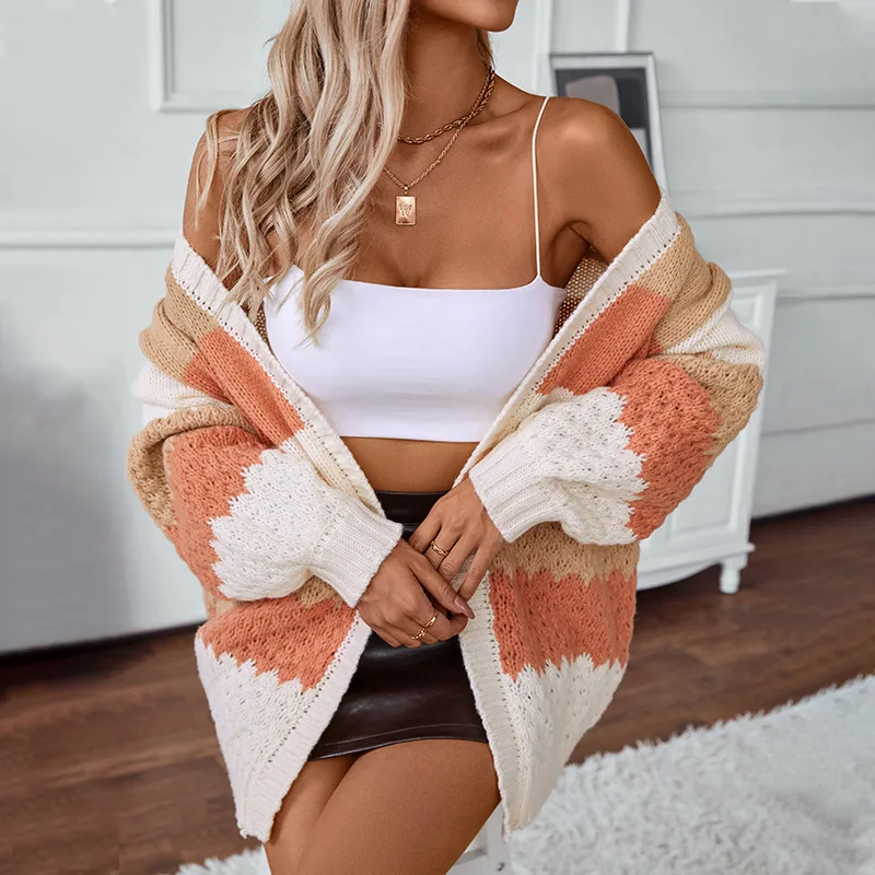 Women's cardigan sweater Contrasting stripes Spring/ autumn/winter loose casual jacket knitted long sleeved top basic