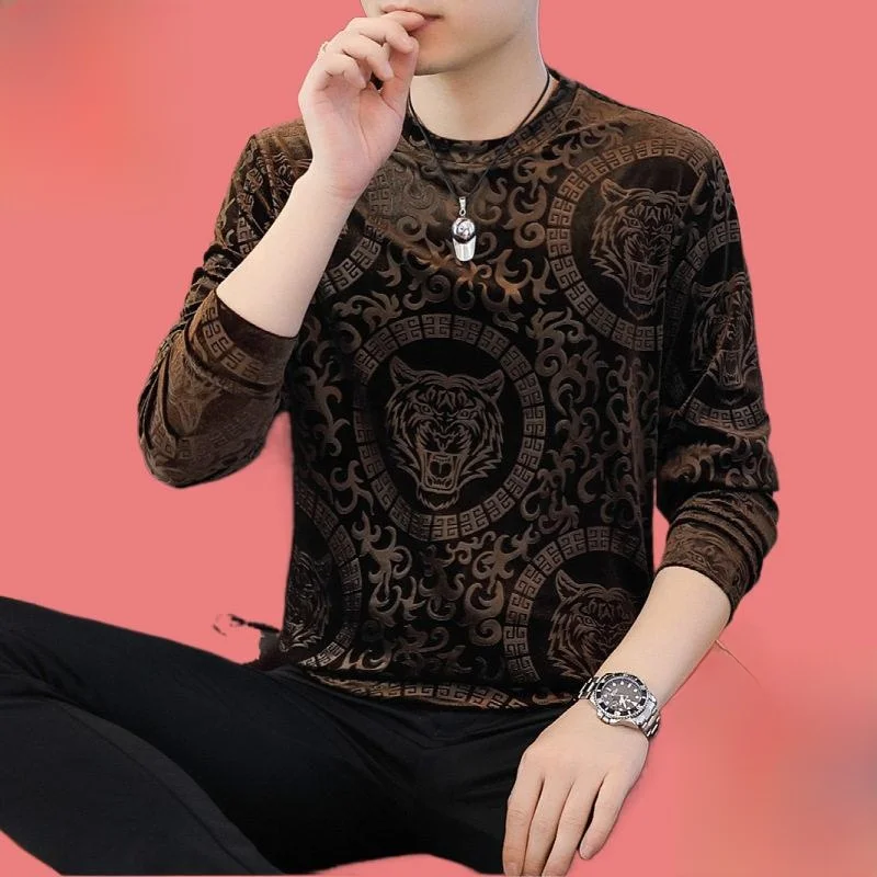 

Модный вельветовый свитшот с длинными рукавами и круглым вырезом для мужчин, повседневный, удобный, осенне-зимний, новый, с принтом в виде головы тигра.