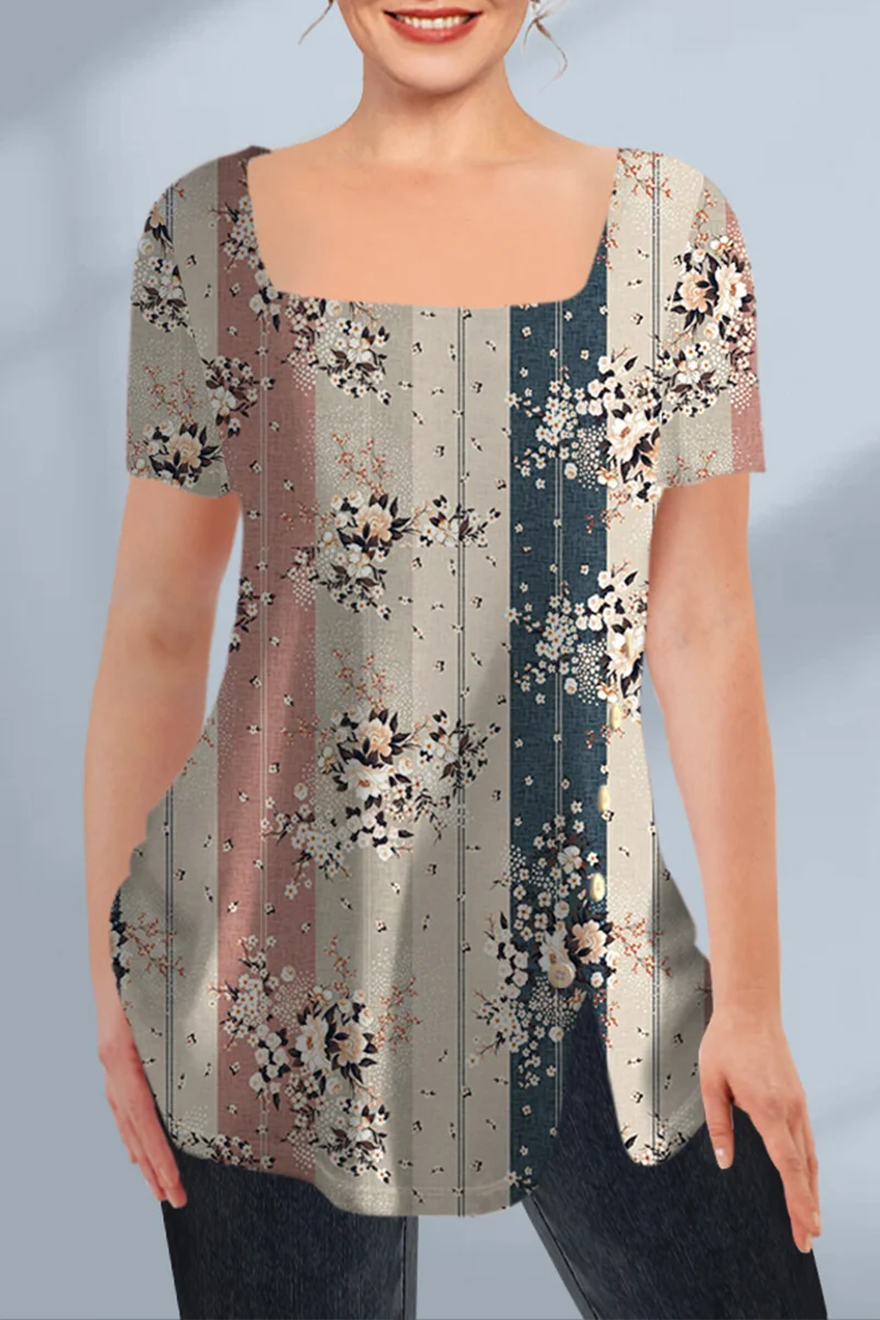 

Plus Size Floral Print Short Sleeve Square Neck Decorative Button Loose Casual Blouses