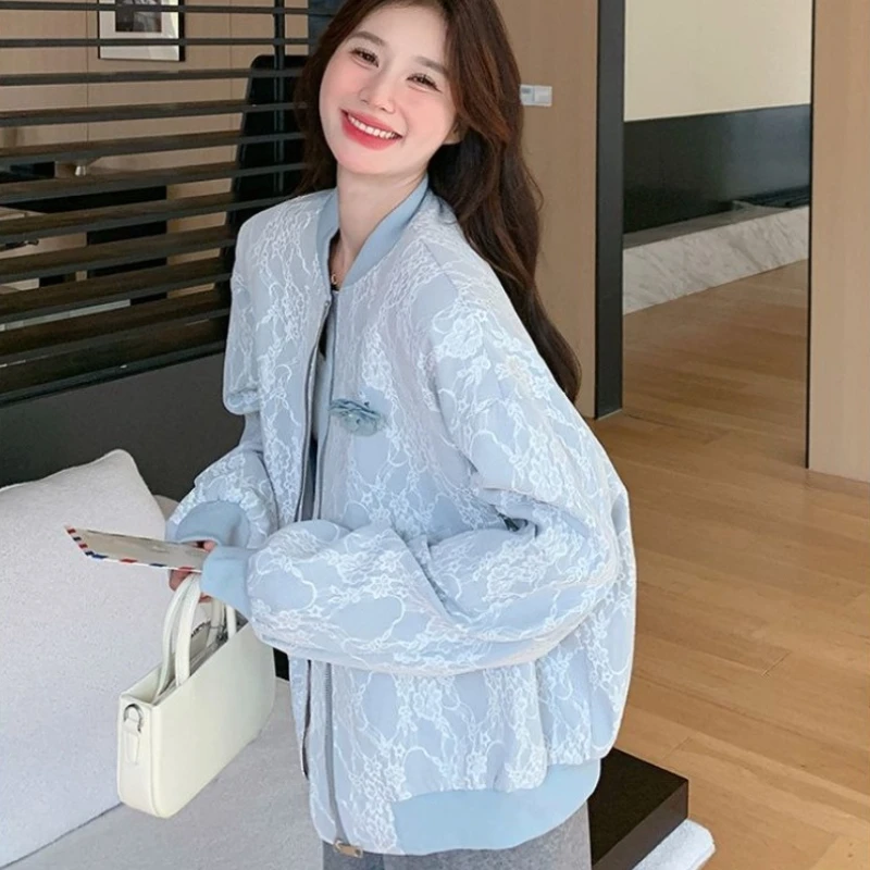 Giacca da baseball in pizzo da donna autunno 2025 Vestibilità ampia Capispalla dimagrante Cappotto casual stile street