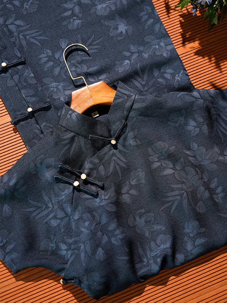 

Синее летнее платье с разрезом для молодых женщин, тонкое, традиционное китайское, с красивым цветочным узором, коротким рукавом, длинное