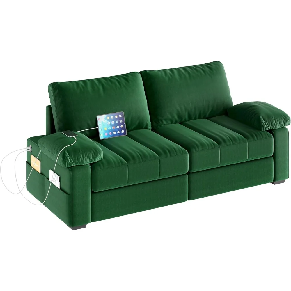 

79" Velvet Futon Sofa - Storage Pockets & USB Ports with Removable Armrest Pillow