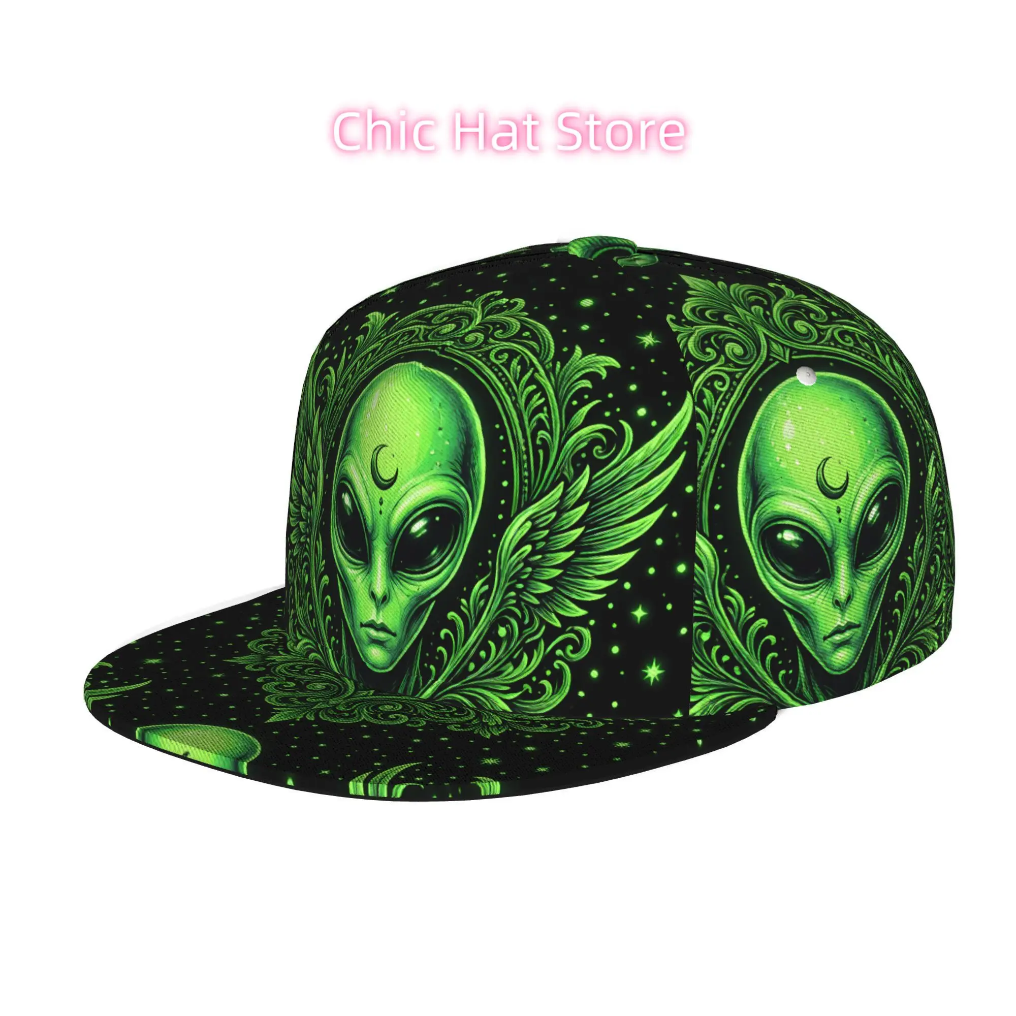 Neon Green Alien Ornate Frame Pattern, Unisex All Over Print Flat Brim Baseball Cap, Hip Hop Streetwear Snapback Hat for Skatebo