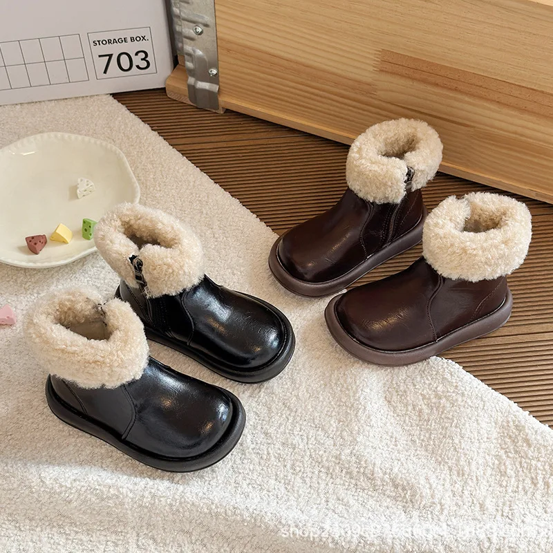 2025 Winter Girls Boots Warm Fur Children Leather Shoes Kids Ankle Booties Size 23-34 Children Soft-soled Anti-slip Snow Boots