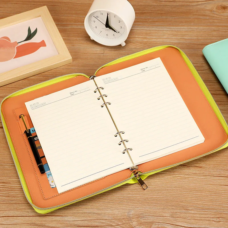 غطاء جلدي جديد عالي الجودة مقاس A5 مع سحاب، مجلد داخلي قابل للاستبدال مكون من 6 حلقات، هدية مجلد مؤتمرات مجلة الأعمال المنظم