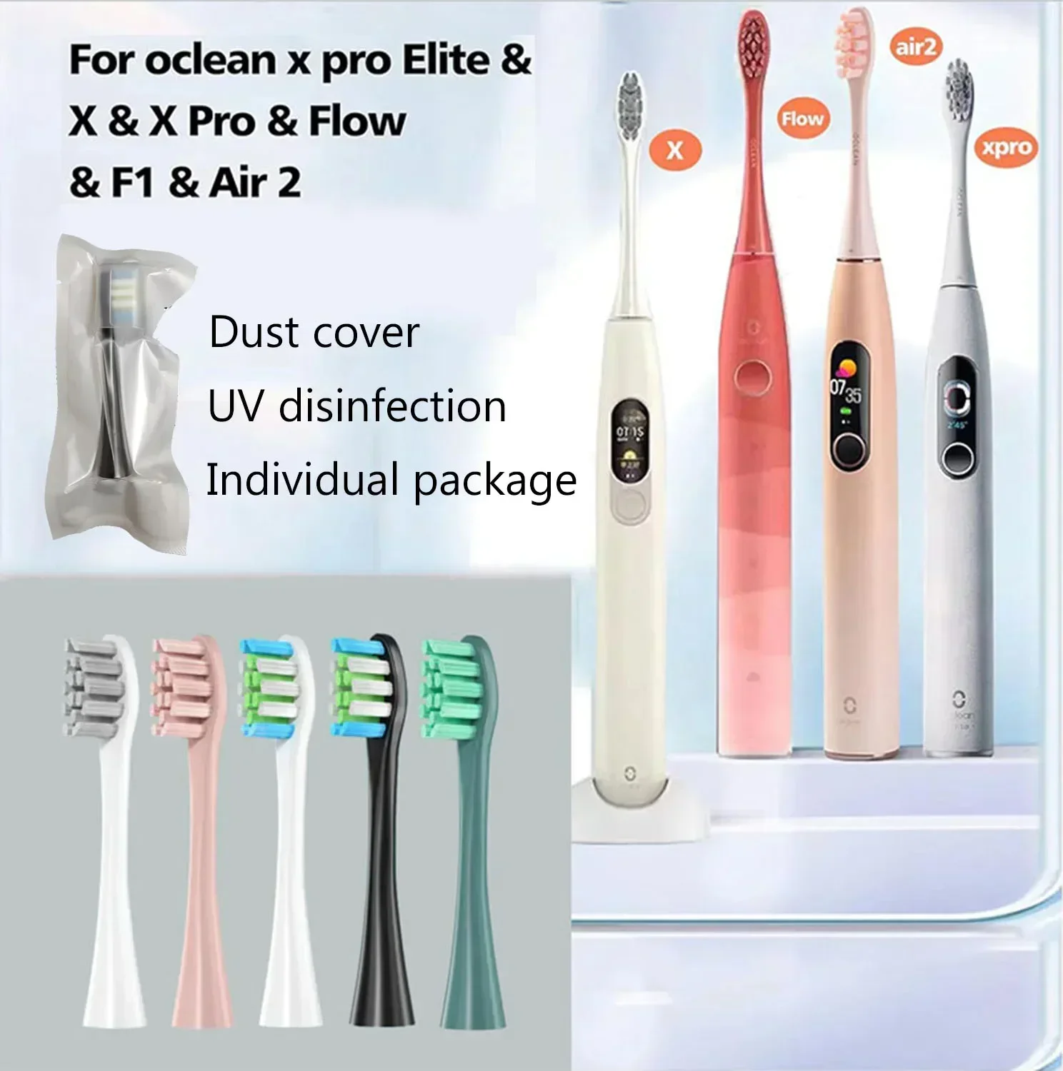Oclean X/ X PRO/ Z1/ F1/ One/ Air 2 /SE 용 교체 브러시 헤드, 음파 전동 칫솔 듀퐁 소프트 강모 노즐, 15 개