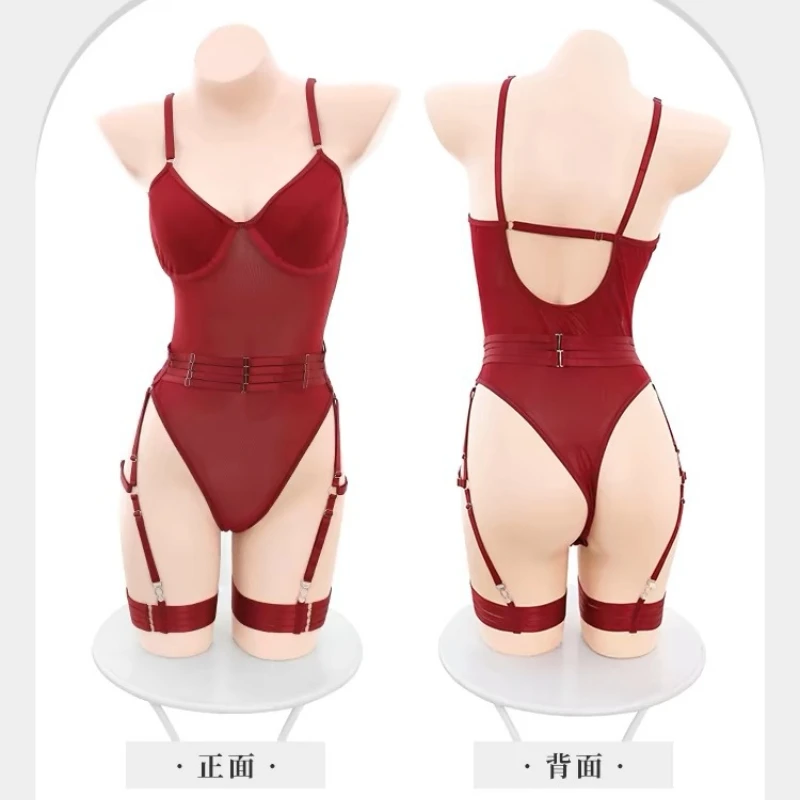 100kg Plus Size Lingerie Bodysuit with Garter Gloves Perspective Sexy Onesie Mesh Stitching Underwear Shapewear Complex Babydoll