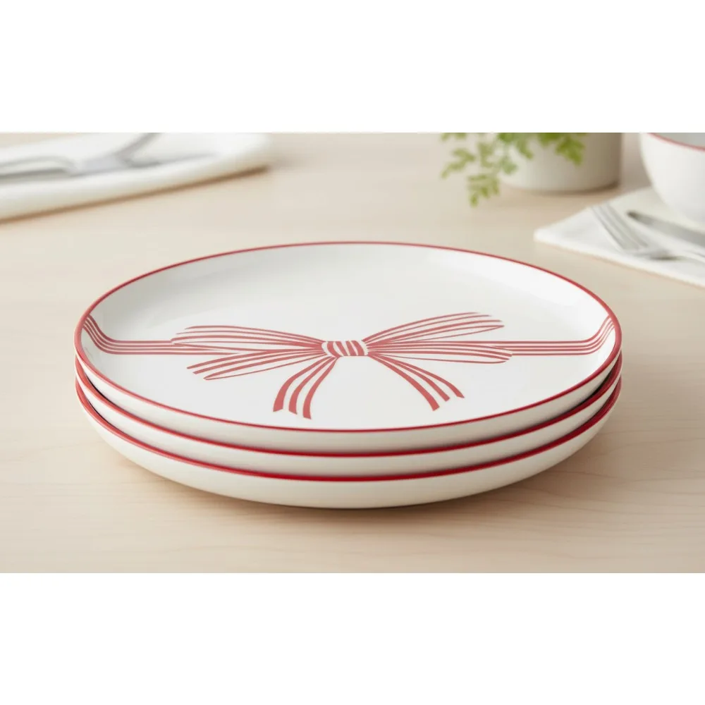 

Элегантные керамические тарелки для закусок с красным бантом, диаметр 5,25 дюйма, можно мыть в посудомоечной машине, идеально подходят для праздничных вечеринок и подарков.