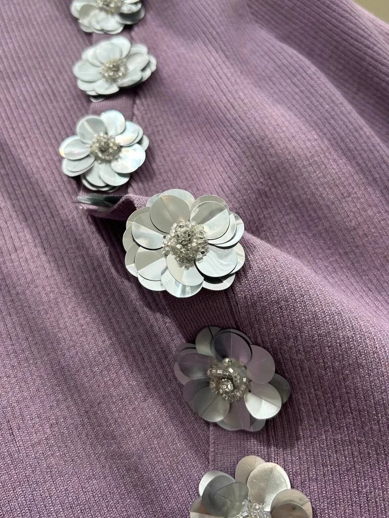 Sexy Buckle V-neck Sequins Three-dimensional Flowers Long-sleeved Slim Bodycon Sweater Cardigan Women Knitted Shirt Top C-290