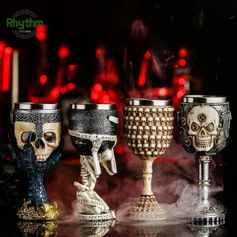 50 Type Creative Skull Series Cup Resin Beer Mug 3D Cocktail Goblet 304 Stainless Steel Viking Wine Glass Tumbler Bar Decoration