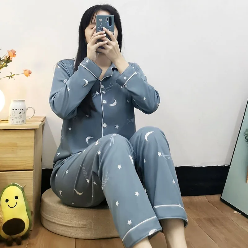 2PCS/Set Women Pajamas Long Sleeves Sleepwear Lapel Print Cute Korean Fashion Breathable Floral Casual Winter Pajamas Plus Size