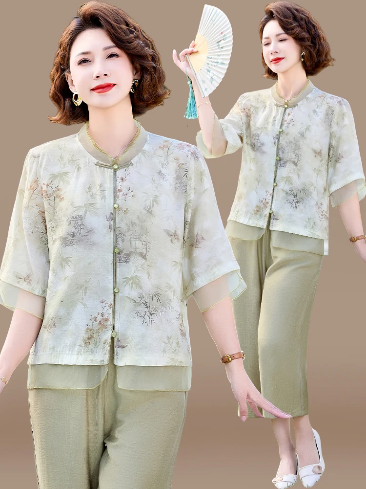

Новый китайский хлопково-льняной женский летний модный комплект в традиционном национальном стиле для женщин среднего возраста, весенне-осенний топ