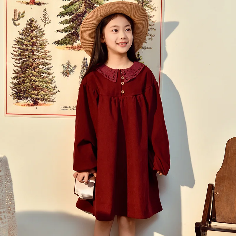 Children Girl Wine Red Dress YBFSKID Spring Infant Babys Girls Princess Dress Peter Pan Collar Kids Toddler Girls Corduroy Dress