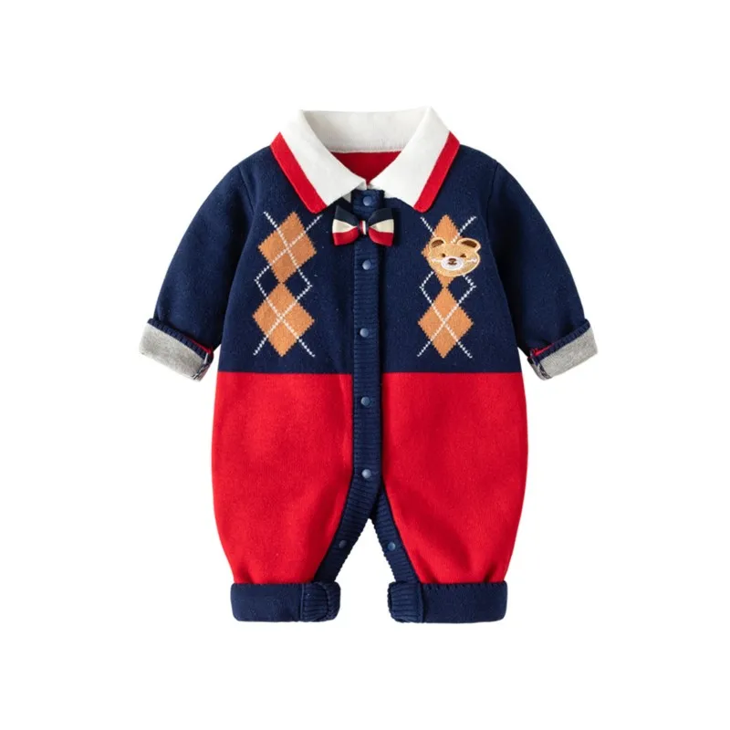 Spring Autumn Ins Newborn Boys Patchwork Turn Down Collar Plaid Cotton Baby Boys Romper Bowknot Cartoon Bear Infant Boy Jumpsuit