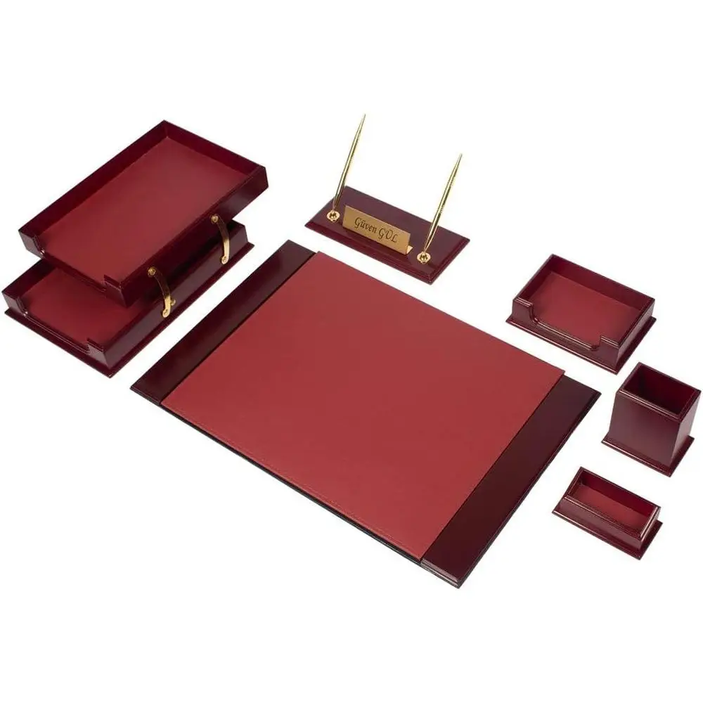 

Leather Desk Set, 8 Pcs, with Double Tray, Desk Organizer, Personalized Desk Mat, Leather Desk Set (Claret RED)