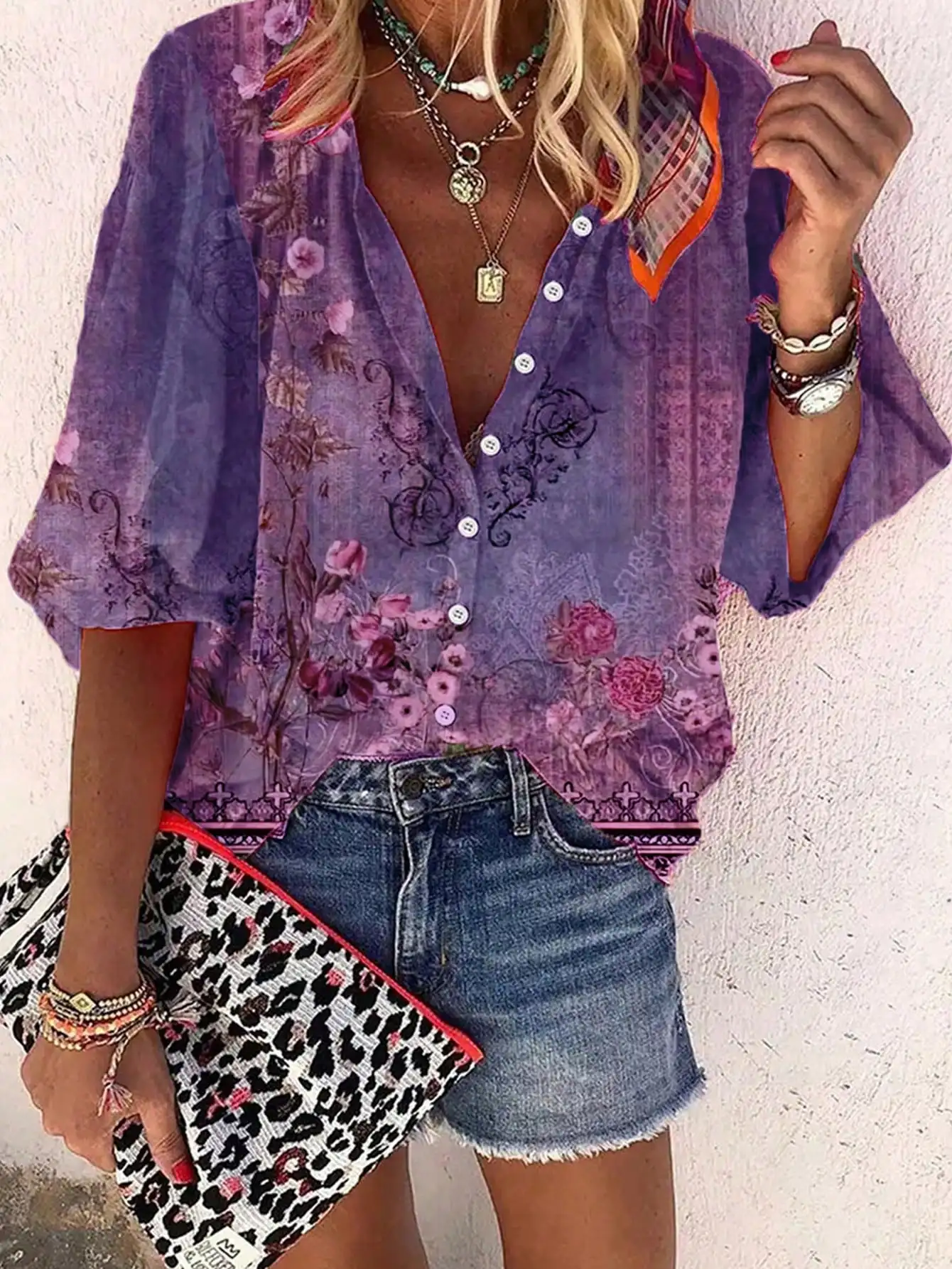 

Western leisure vacation ethnic style geometric print three-quarter sleeve trumpet sleeve women's shirt