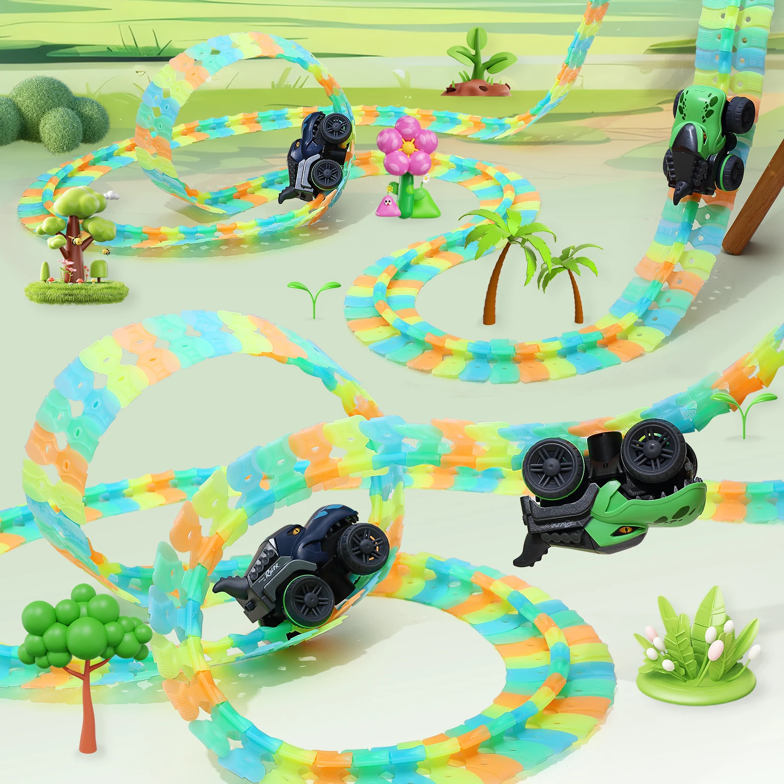178PCS Dinosaur Scene Luminous Track Car