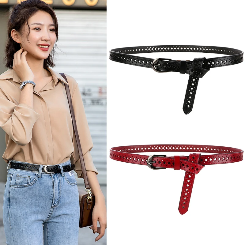 

Retro Cowhide Leather Women's Thin Belt Hollow Needle Buckle Simple Decoration With Pants Thin Leather Belt For Women's Belt