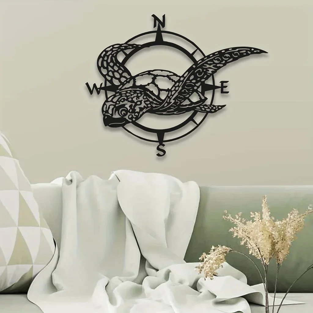 HELLOYOUNG  Black Metal Sea Turtle Compass Wall Hanging Sign Perfect Beach Home Decor Kitchen Garden Housewarming Birthday Gifts