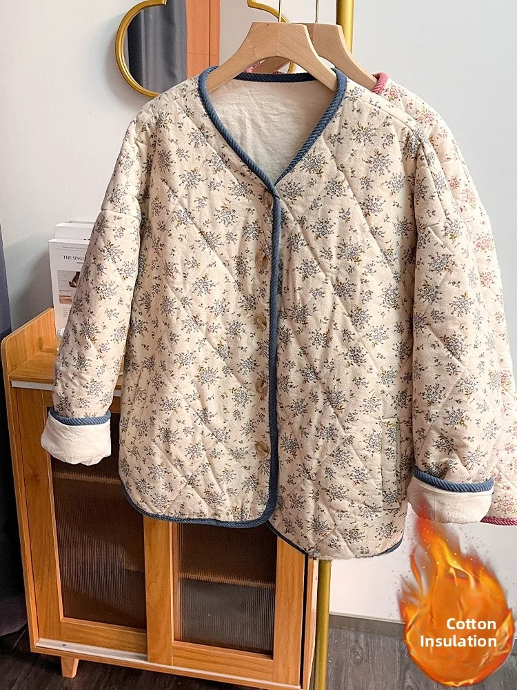 

Женский хлопковый жакет в стиле ретро в японском стиле с цветочным принтом, стеганый теплый дизайн, свободный крой, длинный свеч, круглые детали на пуговицах
