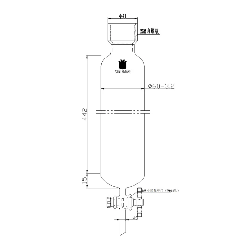 SYNTHWARE Chromatographic column with 25# PTFE internal thread, No sand core, 4mm PTFE aperture valve, Borosilicate glass, C43