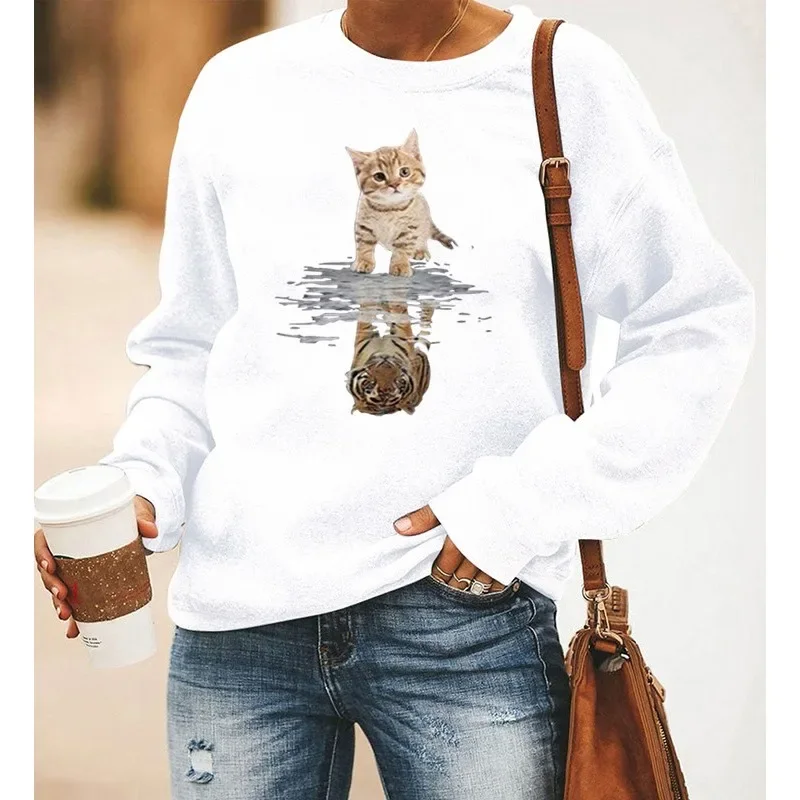 Kitten Sunflower Print Long Sleeve Crew-neck Hoodie Lady Sweatshirt  Streetwear Women  Aesthetic