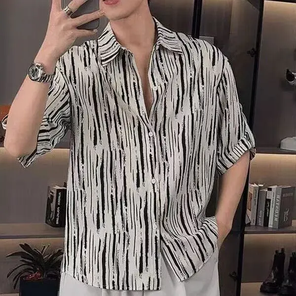 

Summer Casual Striped Short Sleeve Loose Fit Men's Shirt Turn-down Collar mid Sleeve Breathable Comfortable Lightweight Polye...