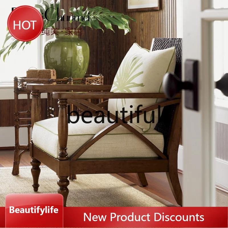 

A51 American Nordic Fabric Sofa Pastoral Single Chair Living Room Rattan Sofa Sofa Leisure Balcony Furniture