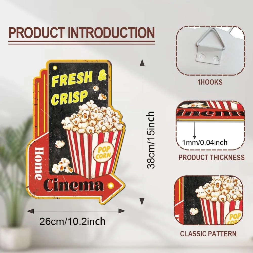 Vintage Popcorn Metal Tin Sign Movie Theater Retro Tin Sign Hanging Decor for Theater Restroom Home Cinema Metal Wall Art Plaque