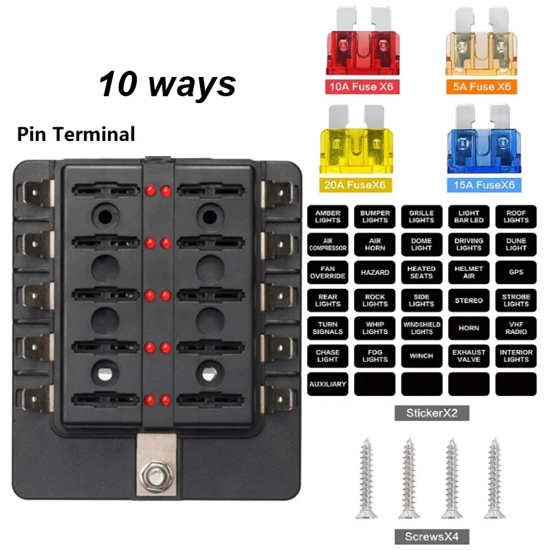 10 Way 12V Fuse Box 12Volt Blade Fuse holder  W Negative Busbar Waterproof Circuit breaker With LED Indicator 25A Hot Selling