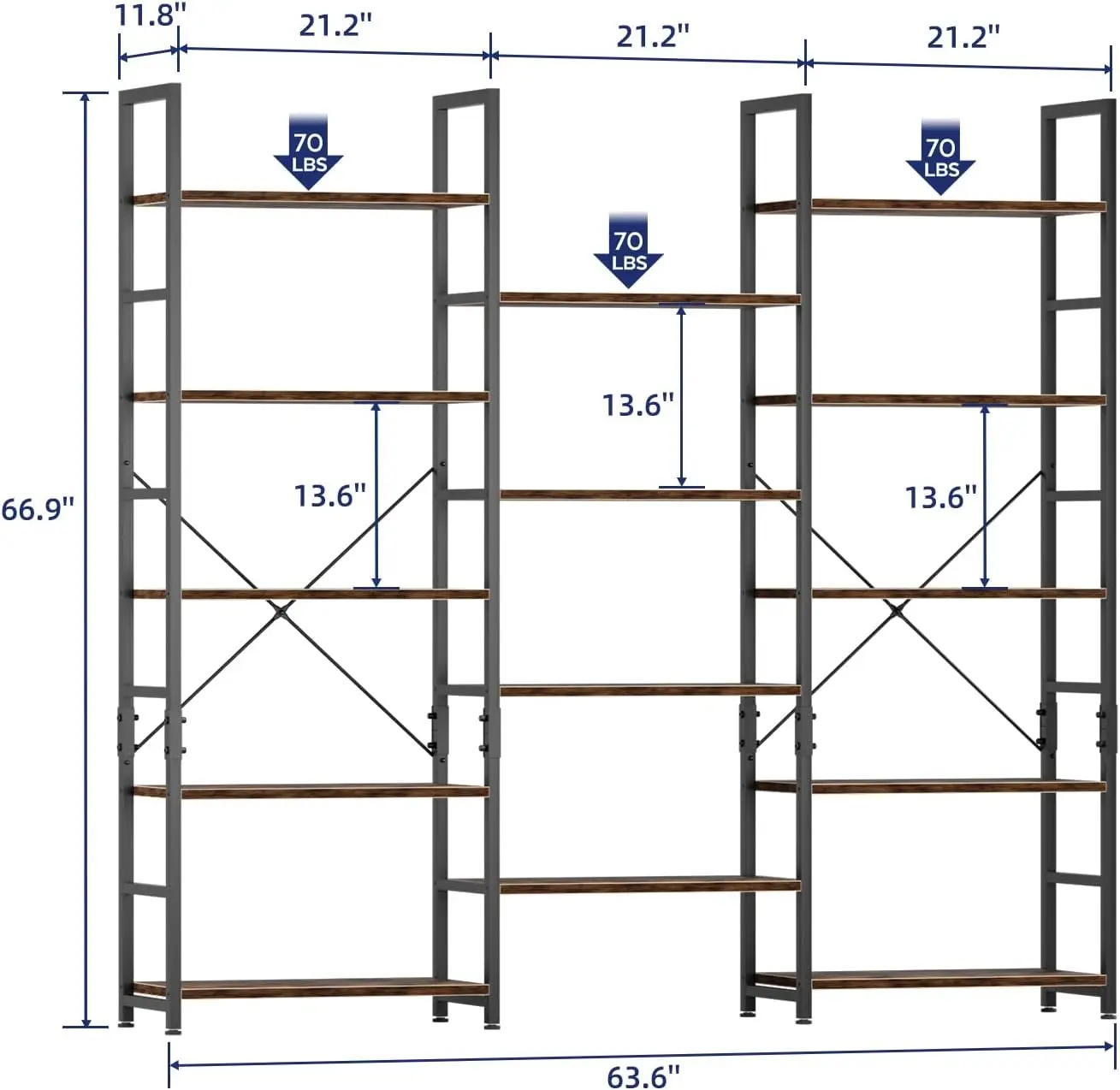 5 Tier Bookshelf, Rustic Industrial Style Bookcases with 14 Open Display Shelves, Modern Tall Bookcase Furnit