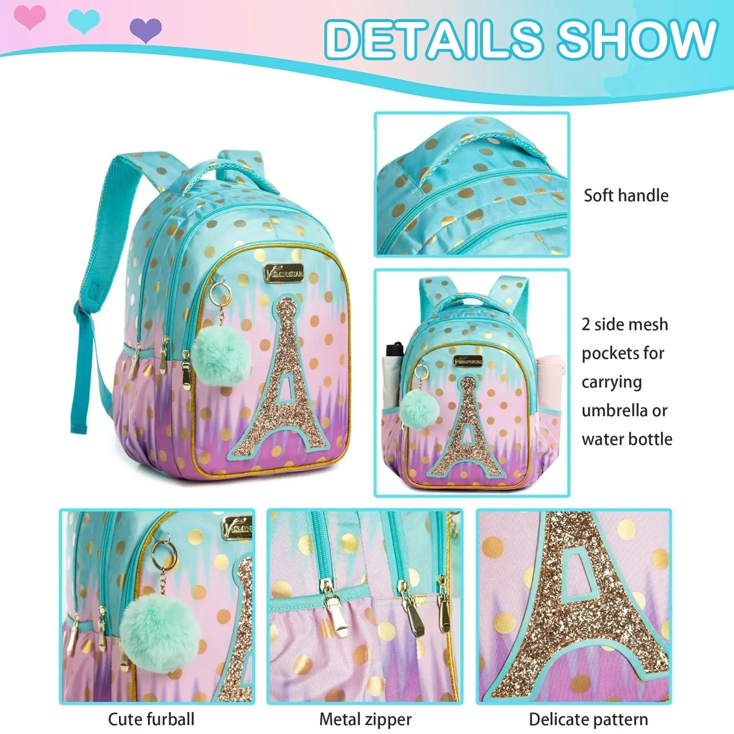 Sequin Tower School Bag for Girls Kids Backpack Set Primary School Backpack with Multiple Pockets Perfect Back to School Gift