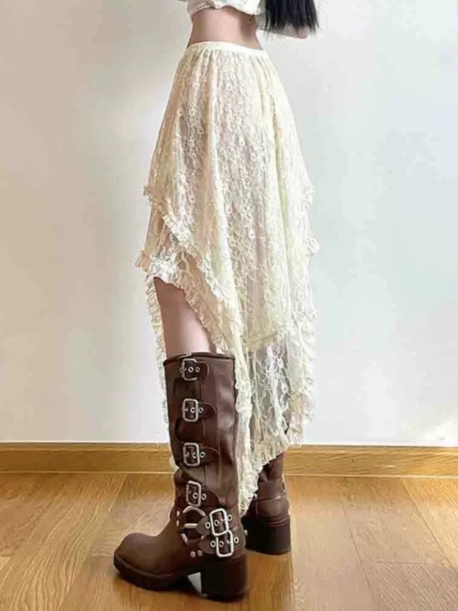 Sweet Cool Punk Girl Long Sleeve Collarbone Baring Outfit Bohemian Style Irregular Half Skirt Two Piece Set Korean Style Commute