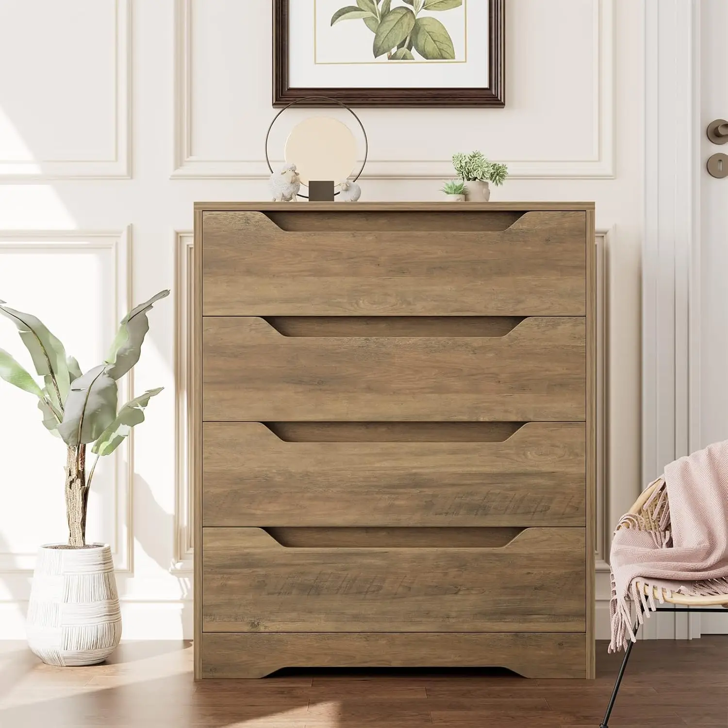 Modern 4 Drawer Dresser, Chest of Drawers with Storage, Wood Storage Chest Organizers with Cut-Out Handles, Accent Storage Cabin