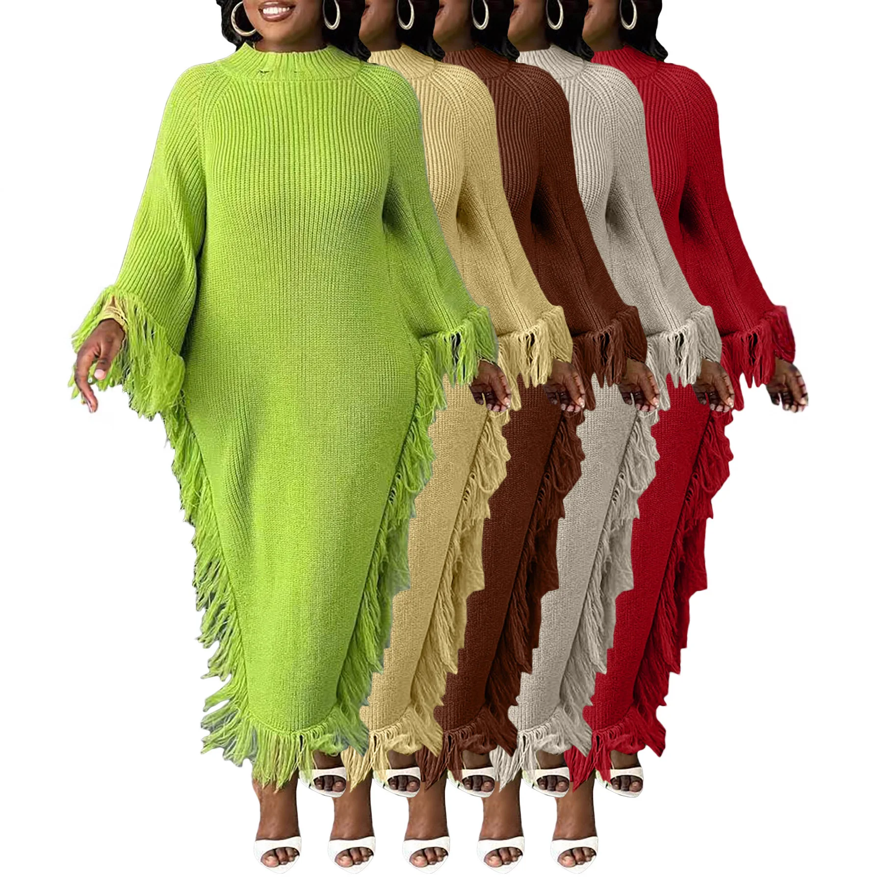 Vestido Longo Feminino Sólido Y2K Streetwear Gola Alta Manga Comprida com Franjas Elegante para Festa Noite Trabalho Primavera 2026