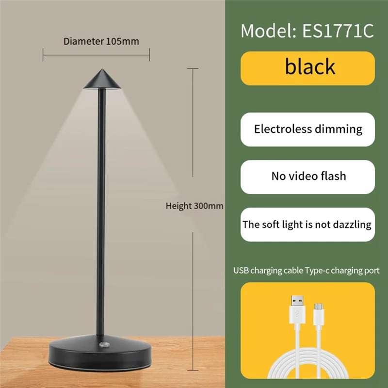 Imagem -03 - Ajuste de Toque Moderno Led Table Lamp Recarregável Preto Quarto Restaurante Decoração Luz 1800mah